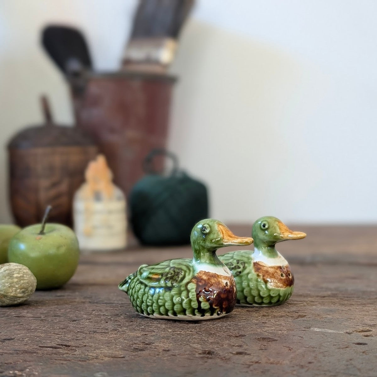 Pair of Green Glazed Duck Salt and Pepper Pots