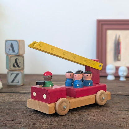 Vintage Wooden Toy Fire Engine with Figures