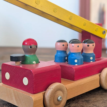 Vintage Wooden Toy Fire Engine with Figures