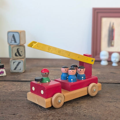 Vintage Wooden Toy Fire Engine with Figures