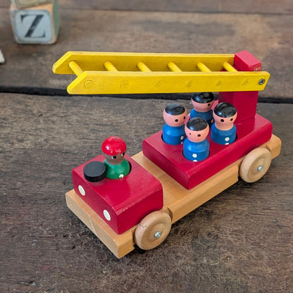 Vintage Wooden Toy Fire Engine with Figures
