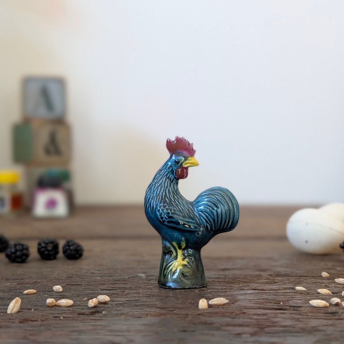 Small Blue Ceramic Chinese Porcelain Cockerel Figurine
