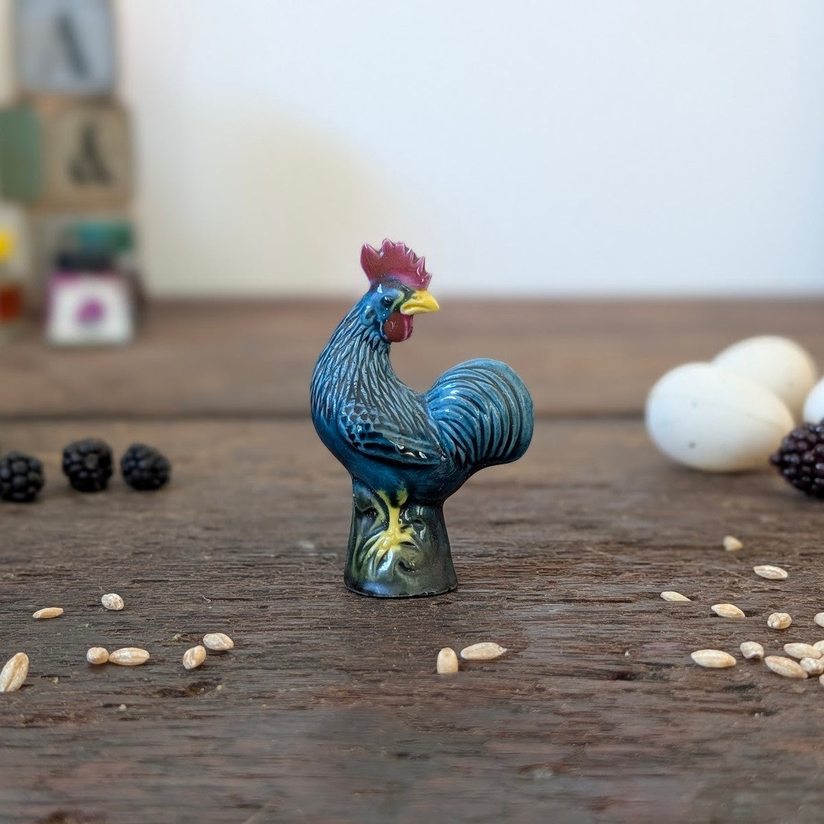 Small Blue Ceramic Chinese Porcelain Cockerel Figurine