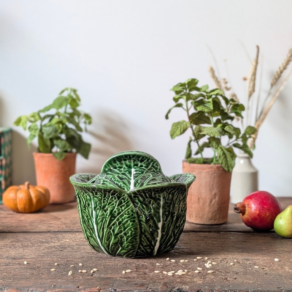 Green Majolica Cabbage Lidded Tureen Pot