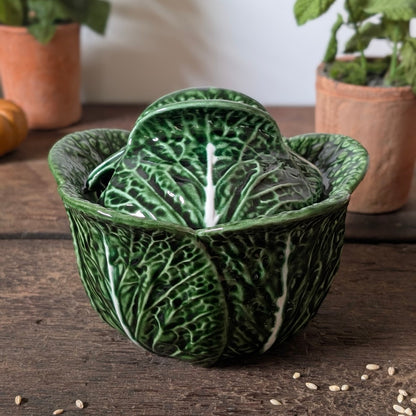 Green Majolica Cabbage Lidded Tureen Pot
