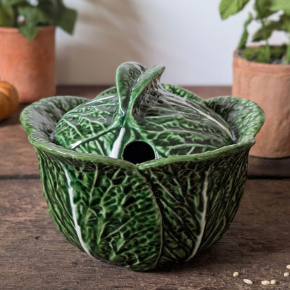Green Majolica Cabbage Lidded Tureen Pot
