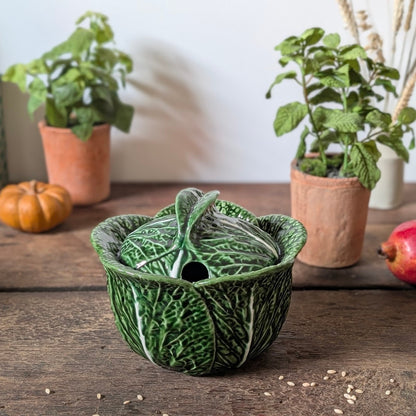 Green Majolica Cabbage Lidded Tureen Pot
