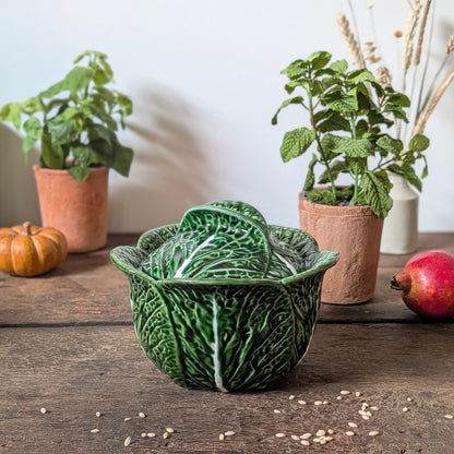 Green Majolica Cabbage Lidded Tureen Pot