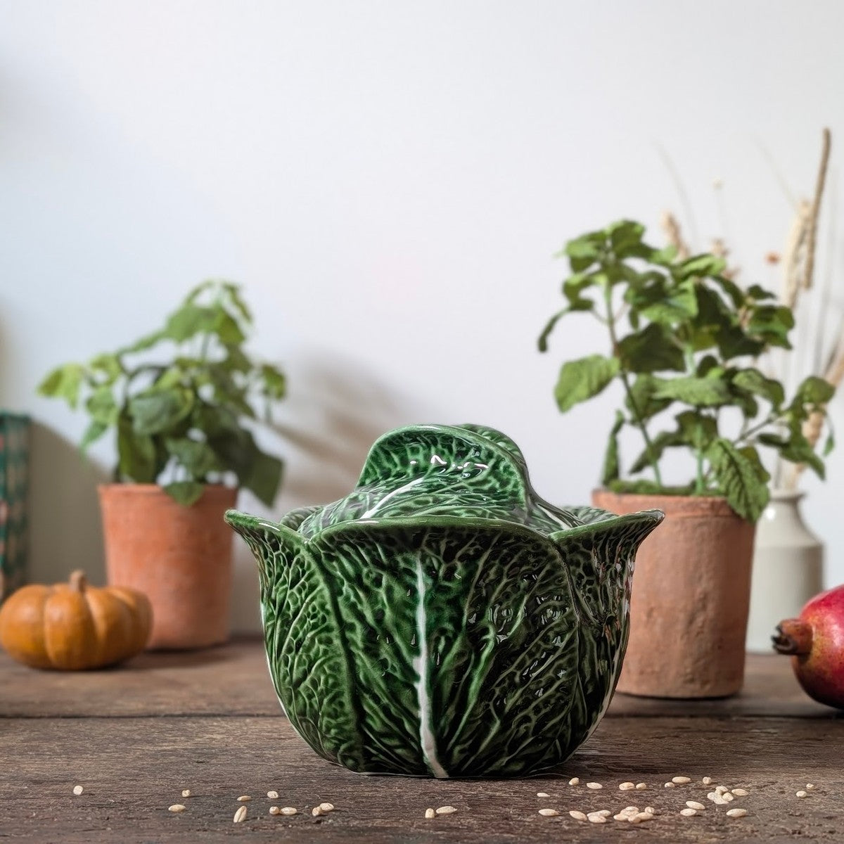 Green Majolica Cabbage Lidded Tureen Pot