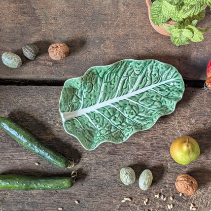 Bordallo Pinheiro Green Majolica Leaf-Shaped Dish