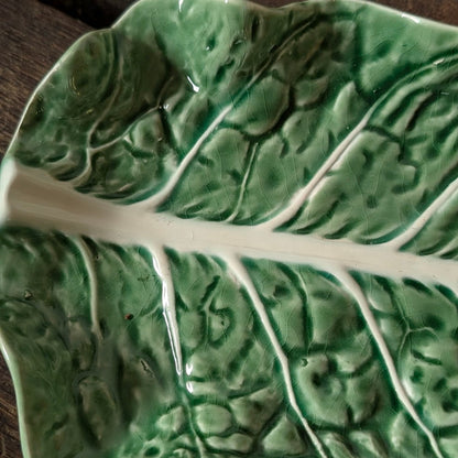 Bordallo Pinheiro Green Majolica Leaf-Shaped Dish