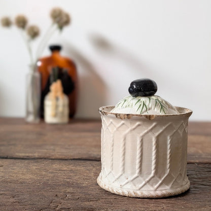 Antique French Stoneware Lidded Pot with Plum Finial