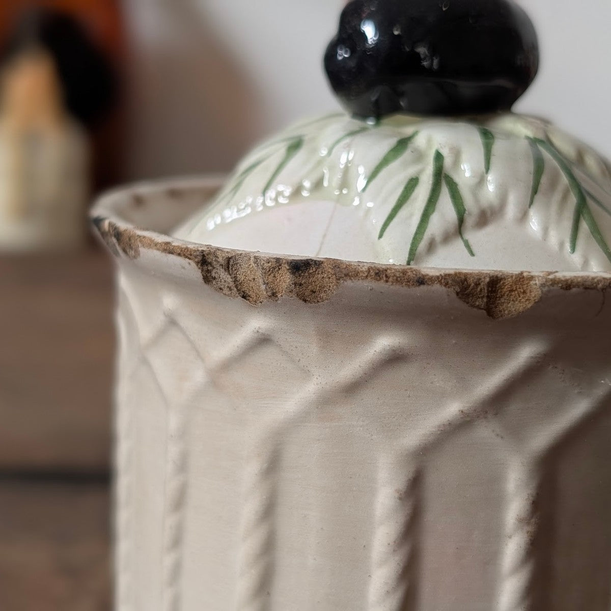 Antique French Stoneware Lidded Pot with Plum Finial