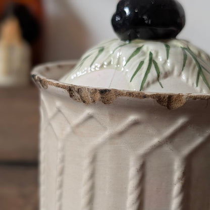 Antique French Stoneware Lidded Pot with Plum Finial