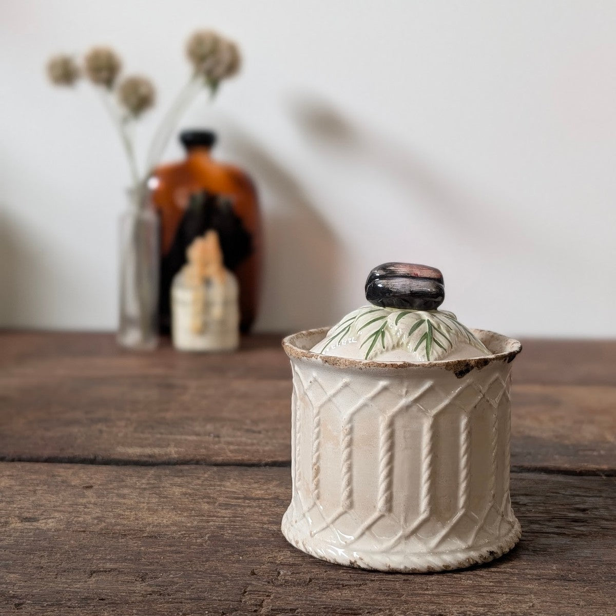 Antique French Stoneware Lidded Pot with Plum Finial