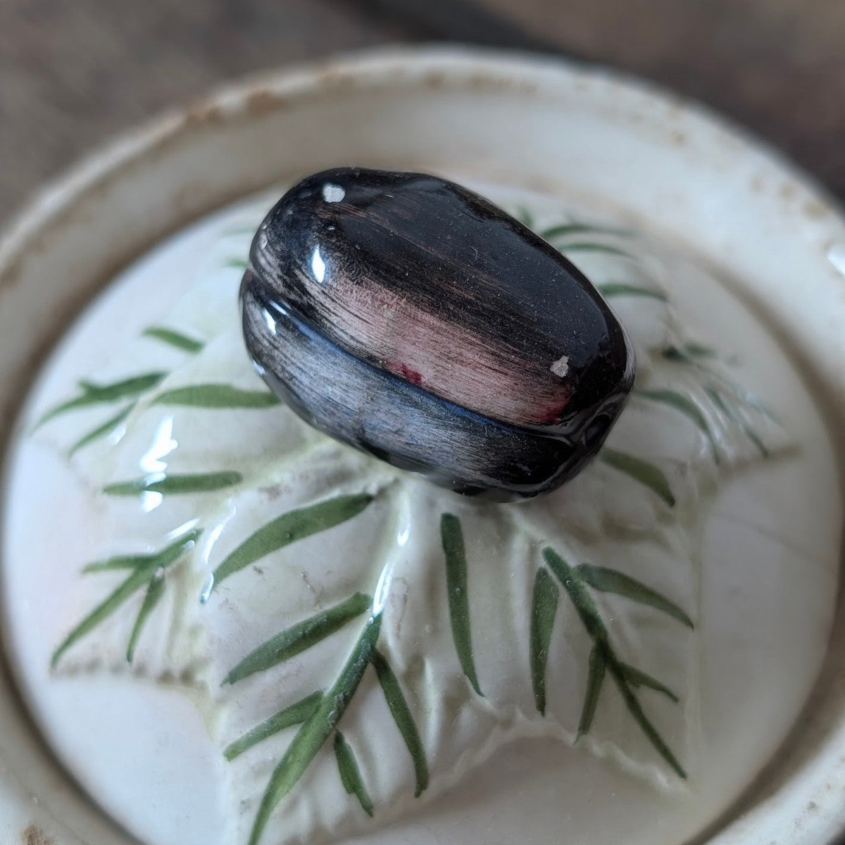 Antique French Stoneware Lidded Pot with Plum Finial
