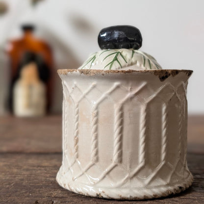 Antique French Stoneware Lidded Pot with Plum Finial