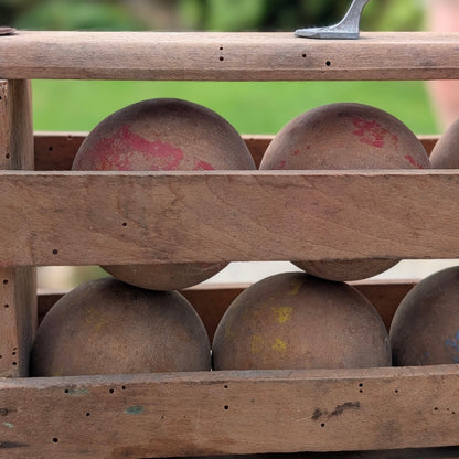 Vintage French Wooden Boules Game with Original Carrying Rack