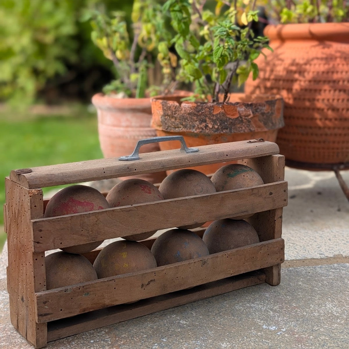 Vintage French Wooden Boules Game with Original Carrying Rack