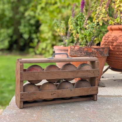 Vintage French Wooden Boules Game with Original Carrying Rack