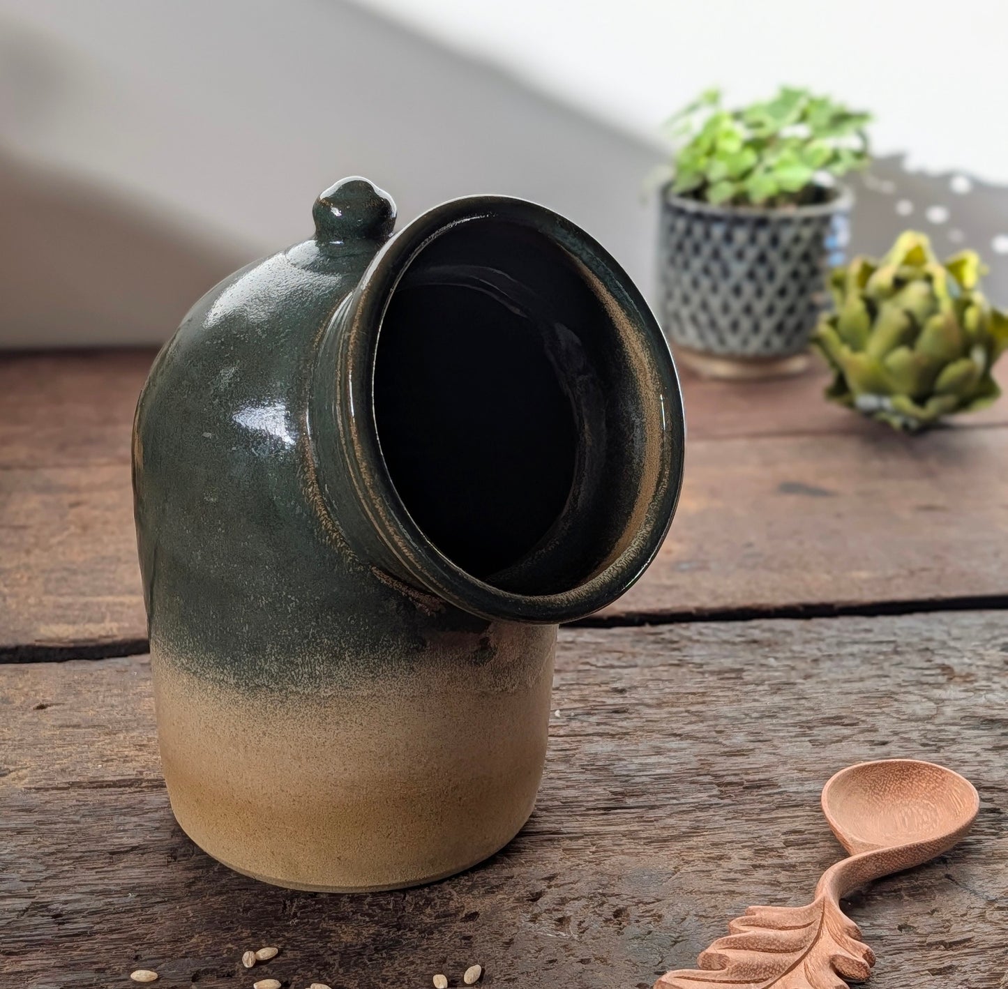 Studio Pottery Green Ombre Salt Pig