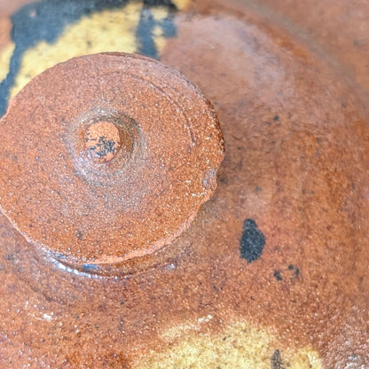 Terracotta Slipware Lidded Pot with Black & Yellow Glaze