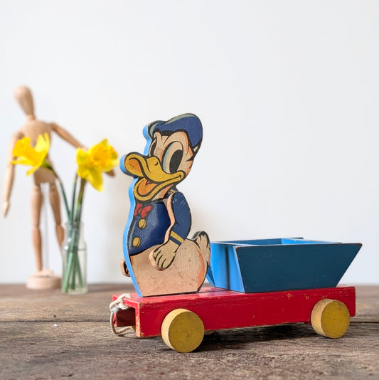 Rare Disney Chad Valley Pull Along Donald Duck Cart Toy