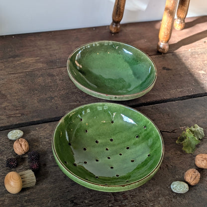 French Green Glazed Terracotta Colander and Bowl Set