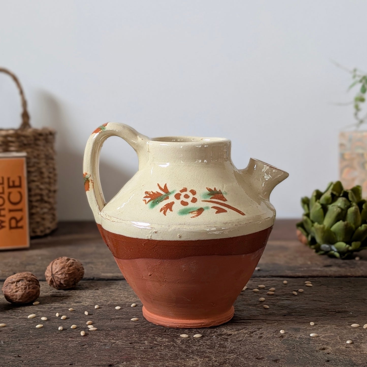 French Cream and Terracotta Glazed Water Jug