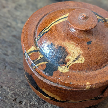Terracotta Slipware Lidded Pot with Black & Yellow Glaze