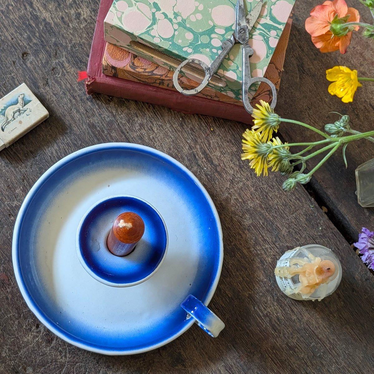 Ombre Blue and White Enamel Chamberstick Candleholder