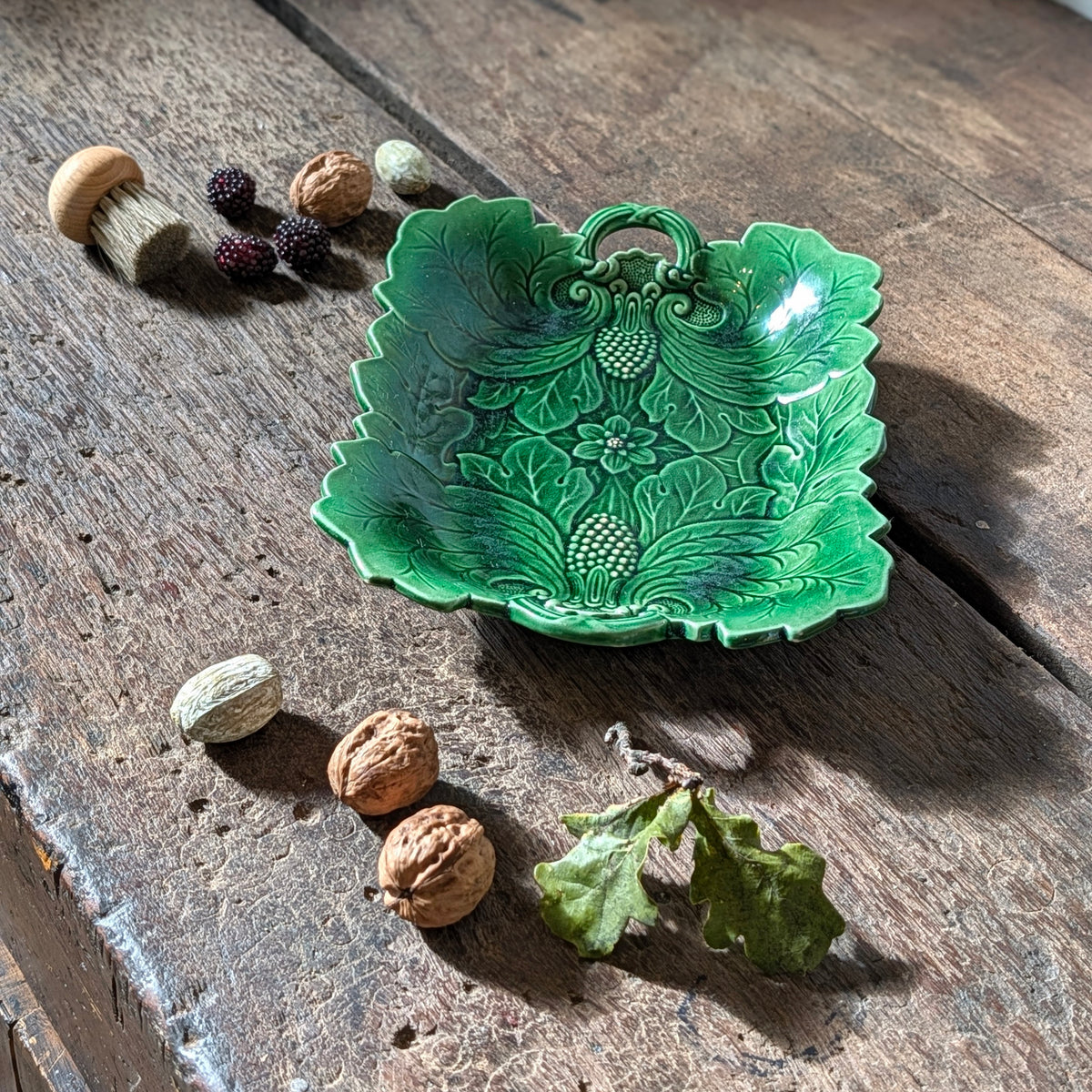 Antique Green Majolica Poppy and Scrolling Leaf Serving Dish