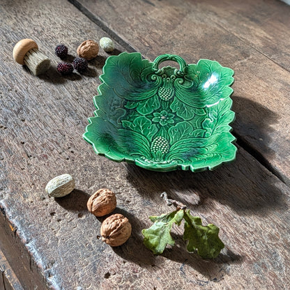 Antique Green Majolica Poppy and Scrolling Leaf Serving Dish