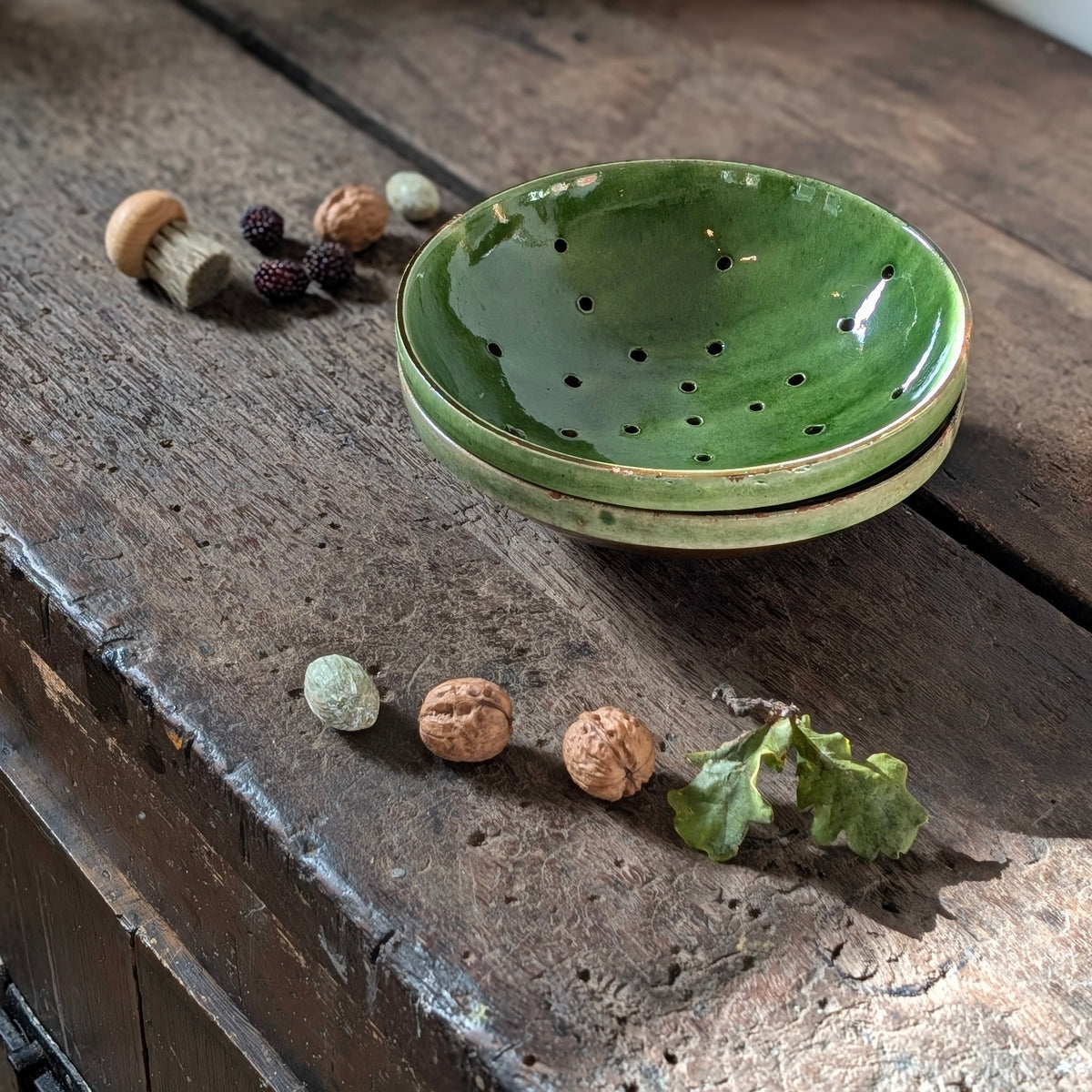 French Green Glazed Terracotta Colander and Bowl Set