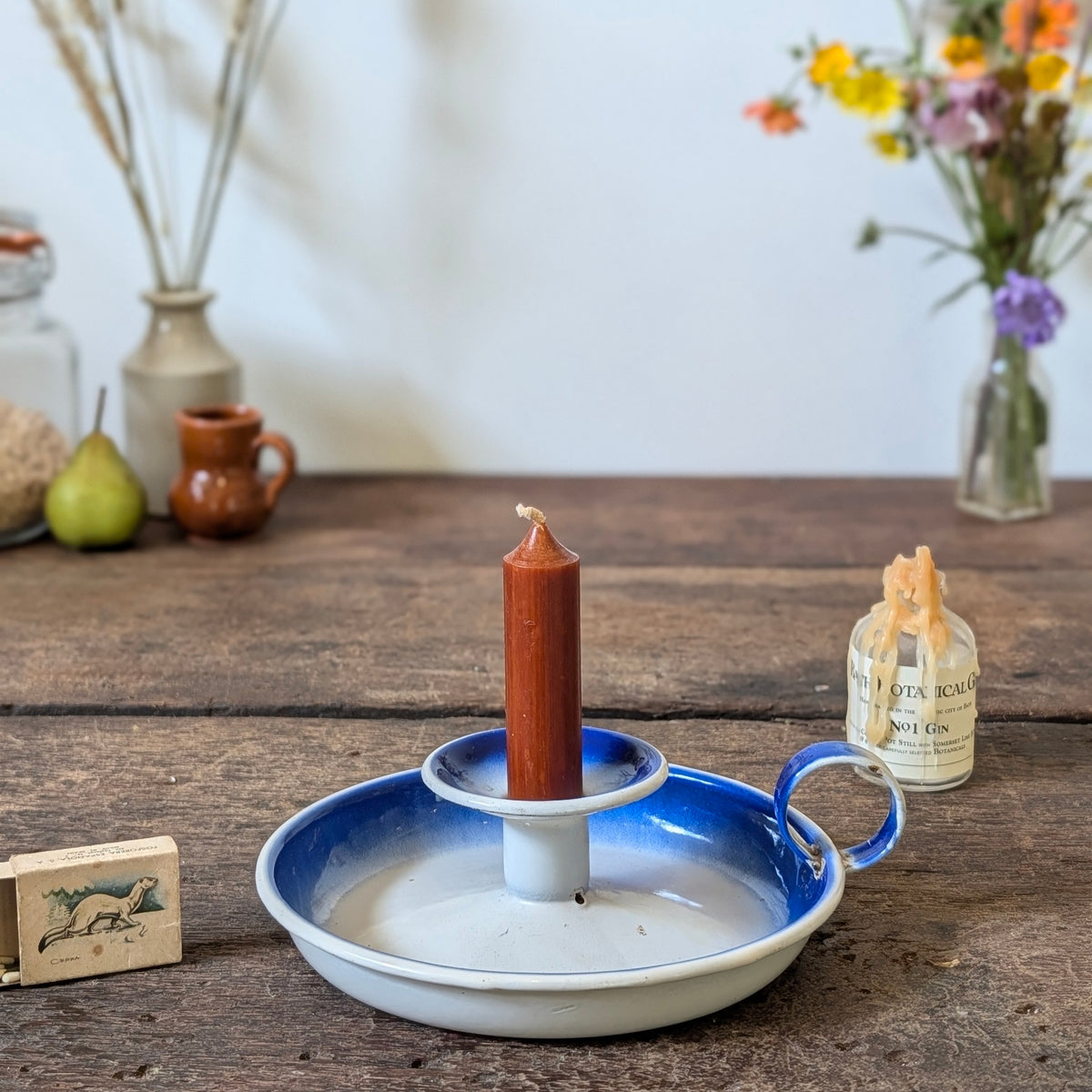 Ombre Blue and White Enamel Chamberstick Candleholder
