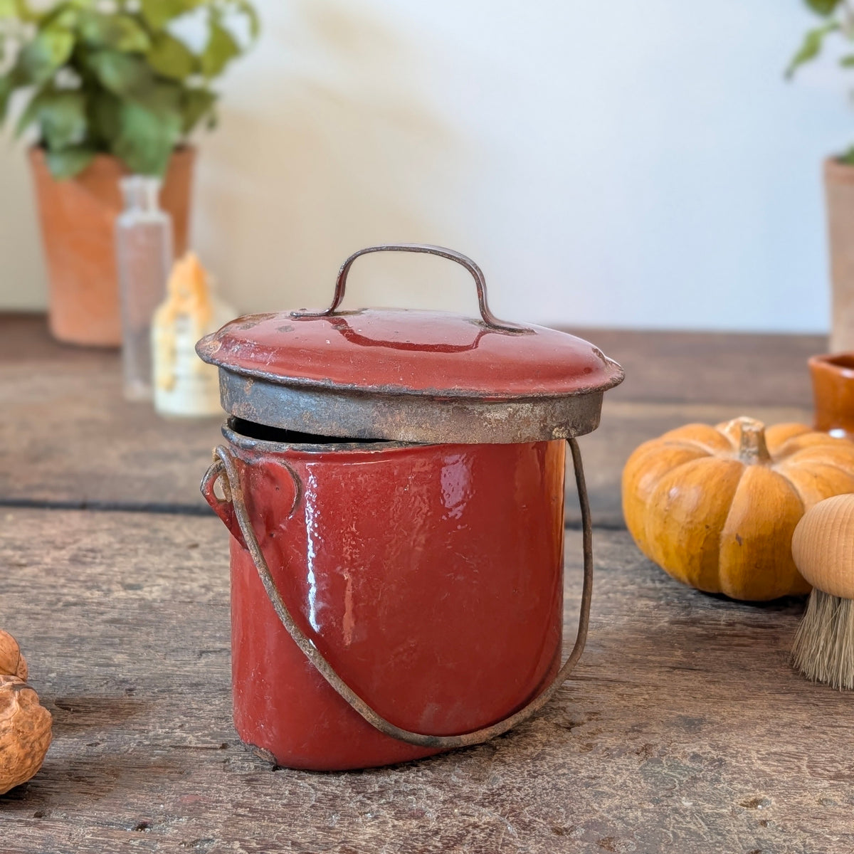 Deep Red Enamel Lidded Pot with Handle