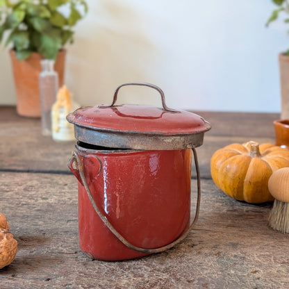 Deep Red Enamel Lidded Pot with Handle