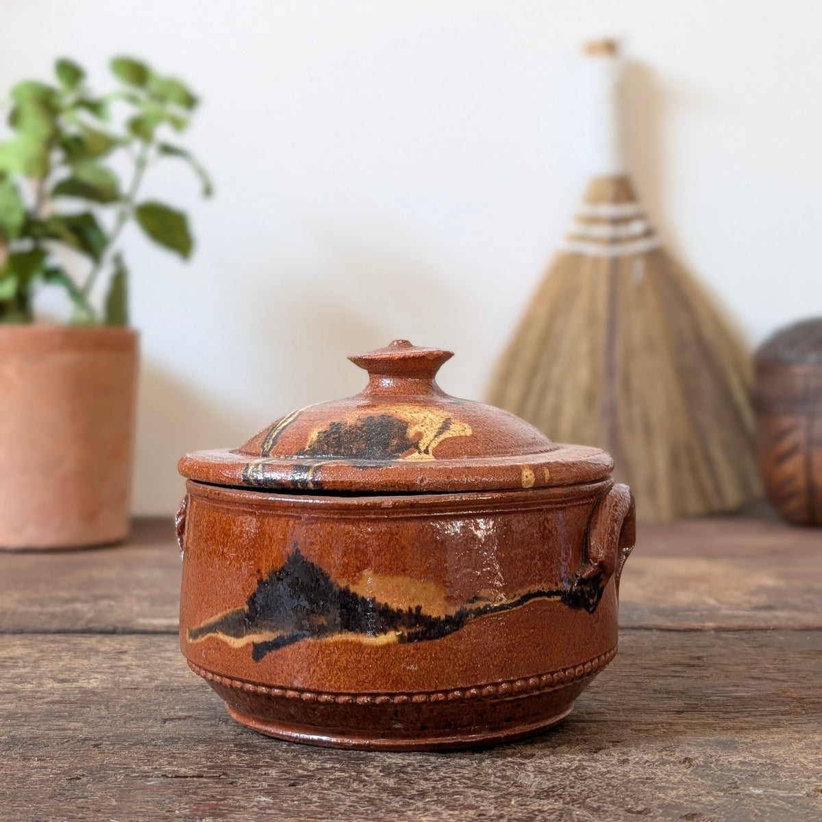 Terracotta Slipware Lidded Pot with Black & Yellow Glaze