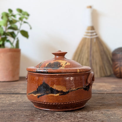 Terracotta Slipware Lidded Pot with Black & Yellow Glaze