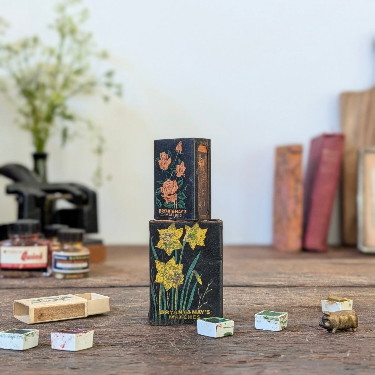Pair of Vintage Bryant & May Floral Matchbox Holders