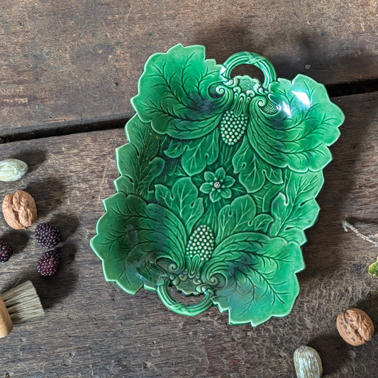Antique Green Majolica Poppy and Scrolling Leaf Serving Dish