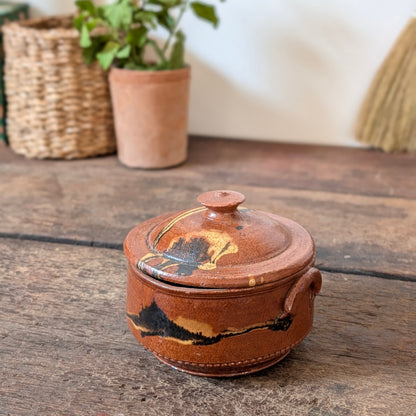 Terracotta Slipware Lidded Pot with Black & Yellow Glaze