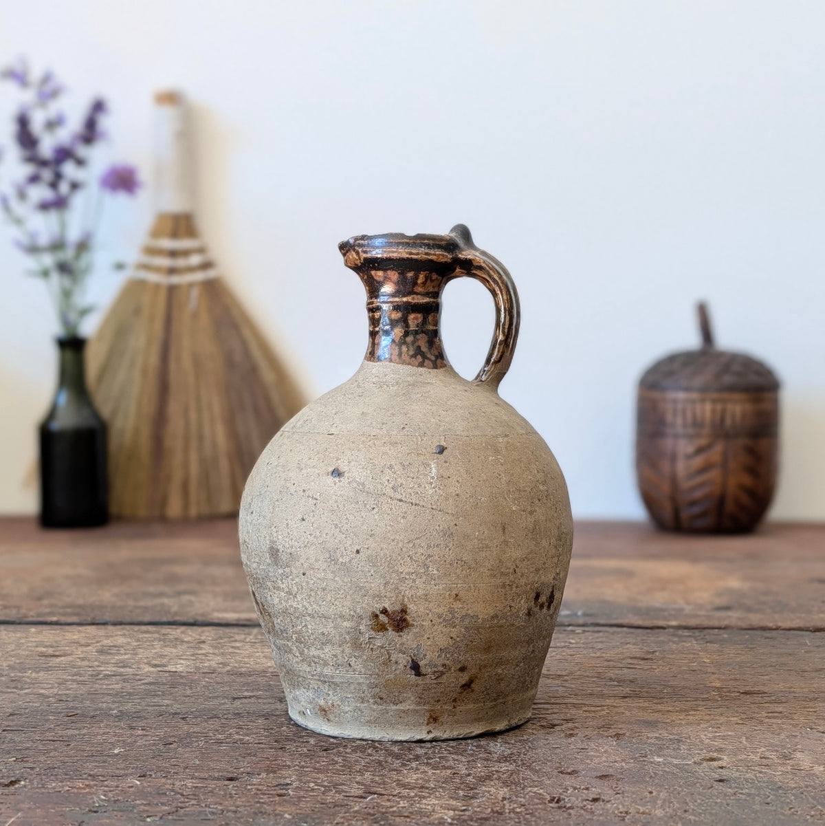 Small French Stoneware Jug with Dark Glazed Neck