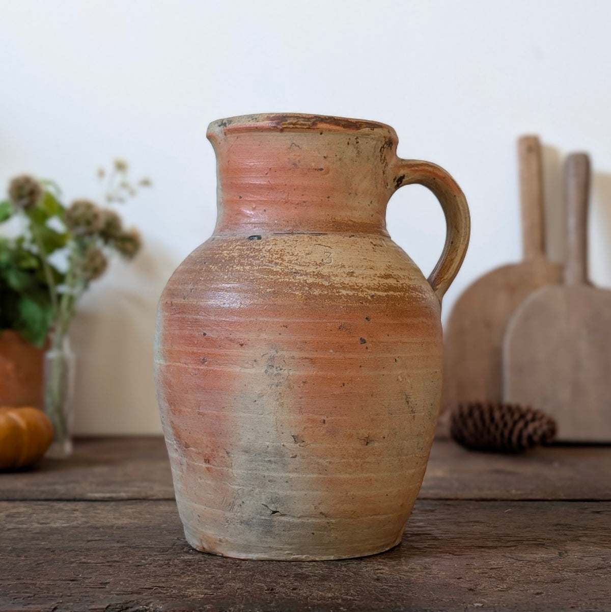 Large French Terracotta Jug with Soft Pink Wash