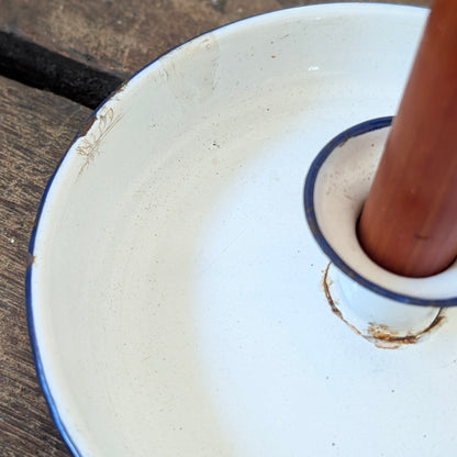 White with Blue Trim Enamel Chamberstick Candleholder