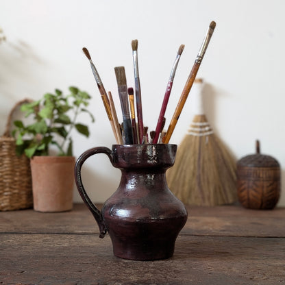 Dark Glossy Glazed Stoneware Jug with Paintbrushes