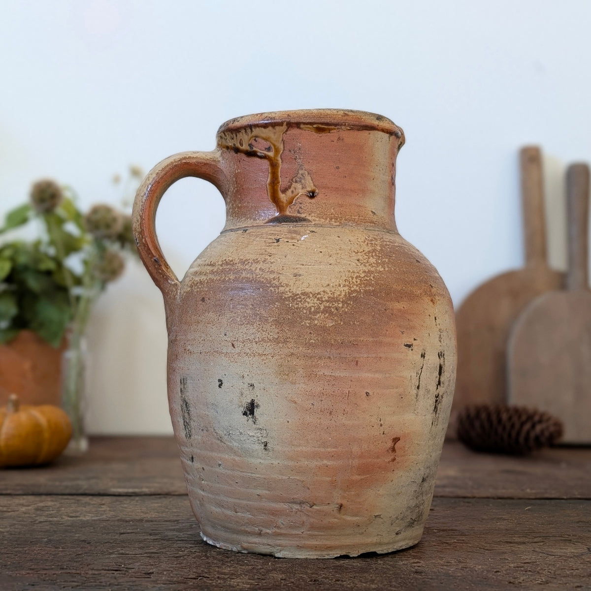 Large French Terracotta Jug with Soft Pink Wash