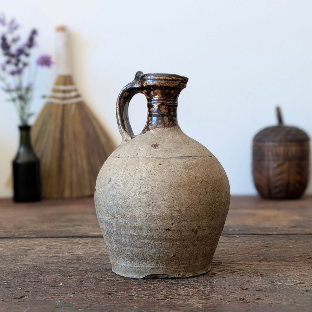 Small French Stoneware Jug with Dark Glazed Neck