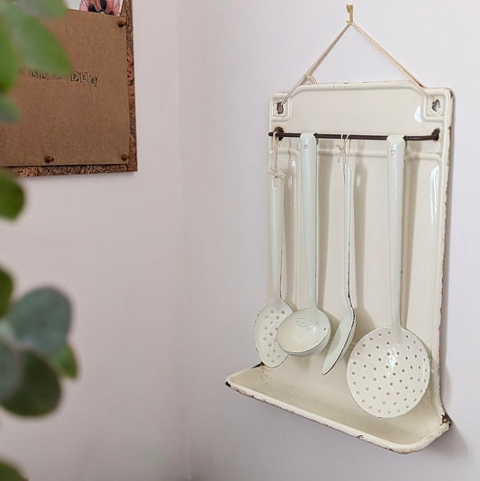 French Enamel Drip Rack and Utensils in Cream