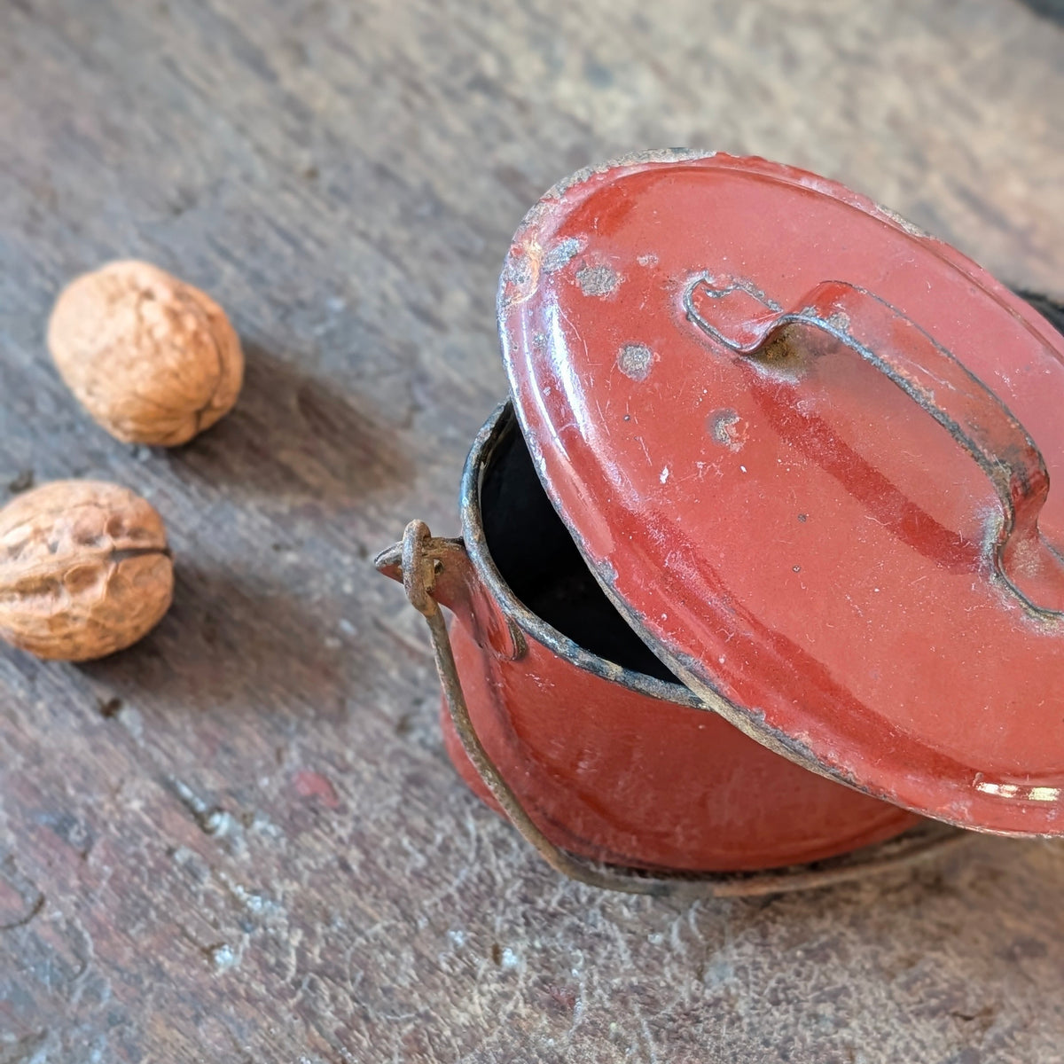 Deep Red Enamel Lidded Pot with Handle